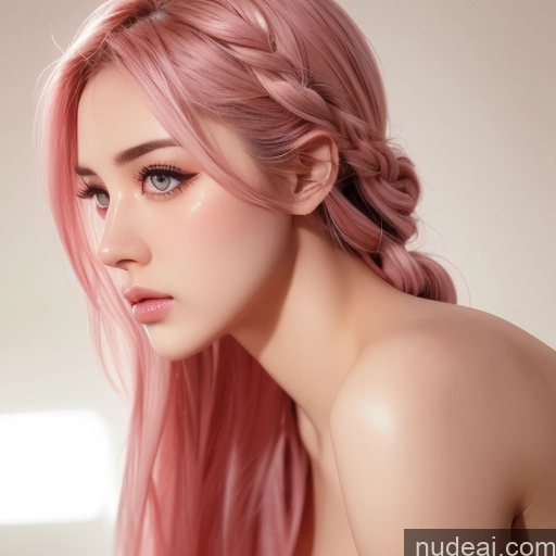 Woman Small Tits Fairer Skin Front View Nude Pink Hair Braided Sad Beautiful Middle Eastern Bathing