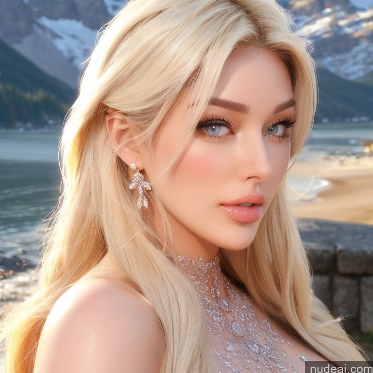 Bimbo Several Huge Boobs Busty 30s Pouting Lips Blonde Straight Brazilian Scandinavian Soft + Warm Front View T-pose Nude Detailed Mountains Lake Meadow Side View Two