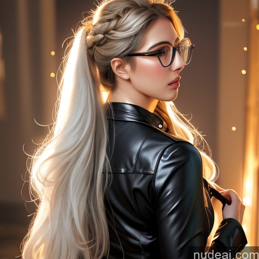 Woman Milf Athlete One Perfect Boobs Beautiful Glasses Perfect Body Long Hair Serious Blonde White Hair Braided Hungarian Italian Leather Jacket Mini Skirt Cleavage Back View Blowjob 70s