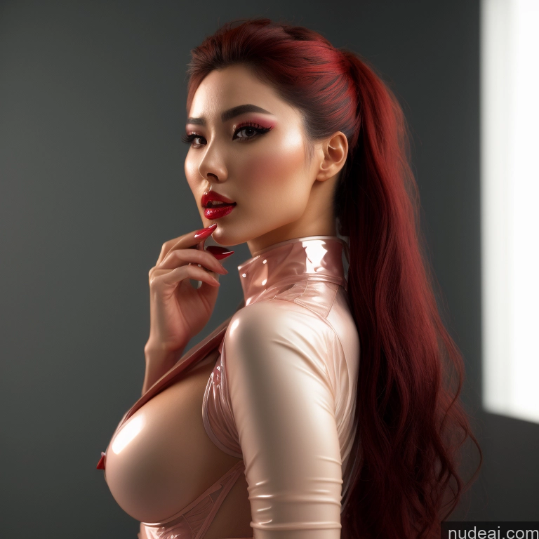 ai nude image of arafed woman in a shiny pink latex outfit posing for a picture pics of Asian Skin Detail (beta) Detailed Front View Lipstick Perfect Boobs Lingerie Model Small Ass Beautiful Side View Back View Close-up View Soft + Warm Kidnapped-bdsm-willing Partner Futuristic