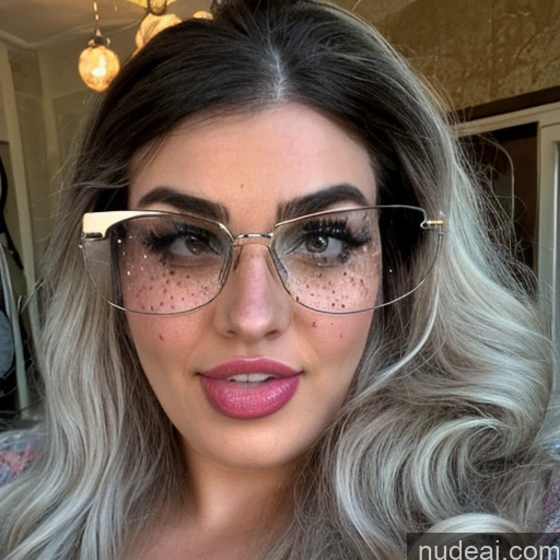 ai nude image of a close up of a woman with glasses and a pink lipstick pics of Woman Two Glasses Huge Boobs Big Ass Chubby Long Hair 20s Ahegao Blonde Messy White Mirror Selfie Bedroom Front View Spreading Legs Nude