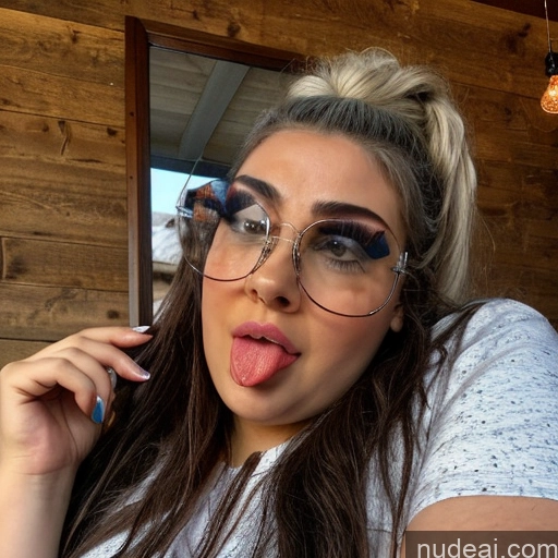 ai nude image of there is a woman with glasses making a funny face with her tongue pics of Woman Two Glasses Huge Boobs Big Ass Chubby Long Hair 20s Ahegao Blonde Messy White Mirror Selfie Bedroom Front View Spreading Legs Nude