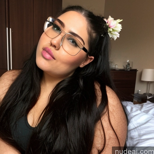 ai nude image of there is a woman with glasses and a flower in her hair pics of Woman Glasses Big Ass Chubby Long Hair 20s Ahegao Blonde Messy White Bedroom Front View Spreading Legs Nude One Huge Boobs