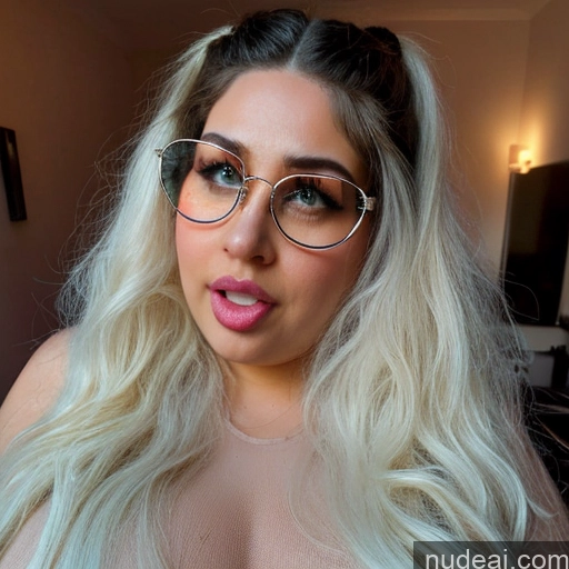 ai nude image of blond woman with glasses and a pink dress posing for a picture pics of Woman Glasses Big Ass Chubby Long Hair 20s Ahegao Blonde Messy White Front View Spreading Legs Nude One Huge Boobs