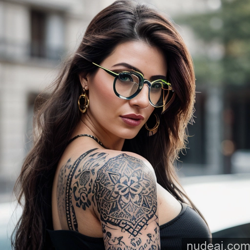 Several 30s Glasses Tattoos Brunette Russian Dark Fantasy Jungle Blowjob Crop Top Partially Nude Gold Jewelry Detailed