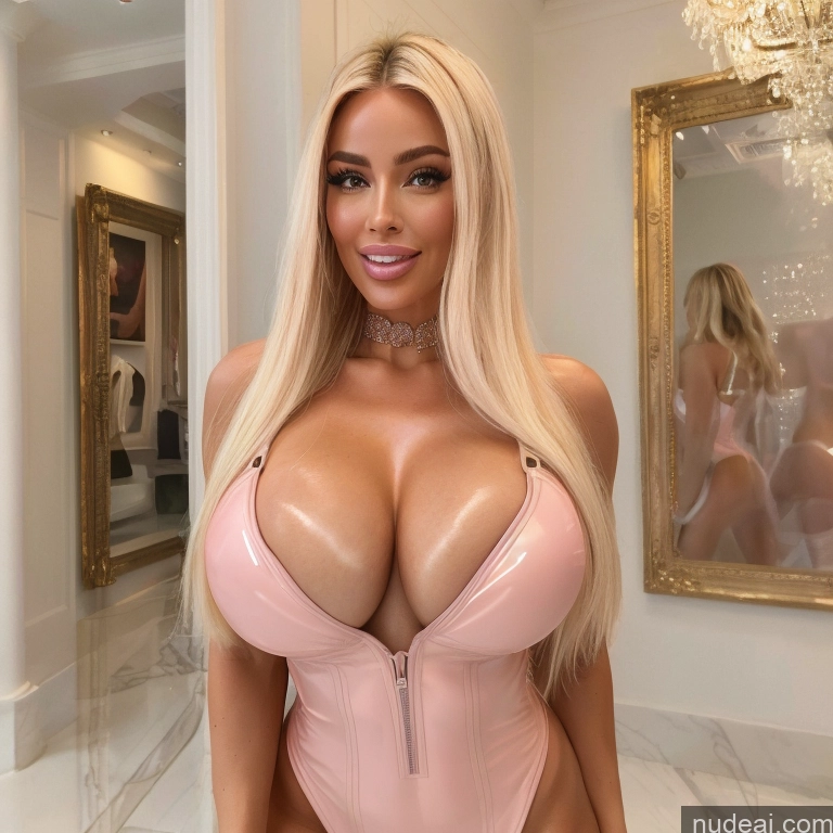 ai nude image of araffed woman in a pink latex dress posing in a bathroom pics of Bimbo Two Huge Boobs 40s Happy Blonde Straight White Mirror Selfie Front View T-pose Topless Detailed Mall Oiled Body Nude