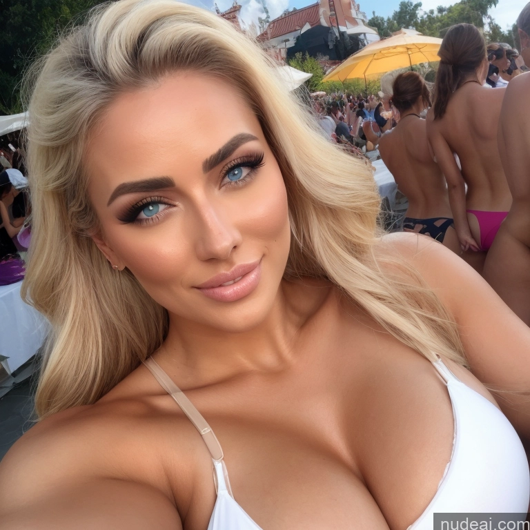 ai nude image of pics of Woman Two Busty Huge Boobs Pubic Hair Tanned Skin 20s Happy Blonde Pouting Lips Straight Messy Swedish White Scandinavian Front View Nude T-pose Several Pool Partially Nude Cleavage Simple