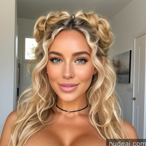 ai nude image of pics of Bimbo Busty Huge Boobs Skinny Short Pubic Hair Curly Hair 30s Happy Blonde Scandinavian Swedish Bedroom Front View Nude Choker High Heels Cleavage Jewelry Bright Lighting Detailed