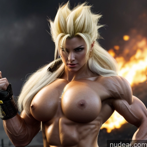 related ai porn images free for Super Saiyan Neon Lights Clothes: Yellow Busty Muscular Abs Woman Front View Two Battlefield