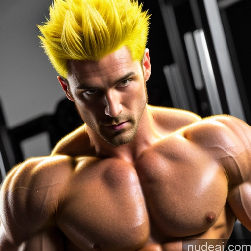 ai nude image of pics of Superhero Cosplay Woman Busty Front View Abs Muscular Super Saiyan Neon Lights Clothes: Yellow Super Saiyan 4