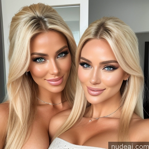 related ai porn images free for Two Miss Universe Model Busty Huge Boobs Happy Blonde Straight Scandinavian Bedroom Front View Back View T-pose Topless Bright Lighting Detailed Nude Bimbo 40s Woman