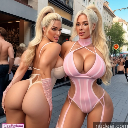 ai nude image of pics of Athlete Two Busty Huge Boobs 30s Happy Blonde Ponytail Front View Back View T-pose Cleavage Partially Nude Topless Detailed Big Hips Illustration Strip Club Milf Bimbo Nude Skinny Several