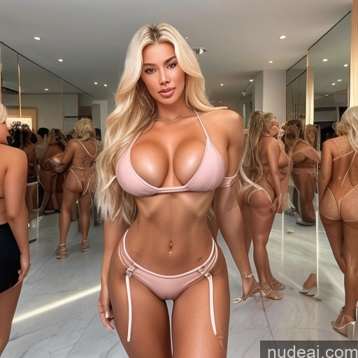 ai nude image of pics of Bimbo Milf Model Two Huge Boobs Busty Pubic Hair 20s Happy Blonde Scandinavian Mirror Selfie Front View Back View T-pose Nude Cleavage Jewelry Bright Lighting Detailed Full Frontal Strip Club Several Muscular Short Tanned Skin Woman Skinny