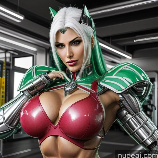 Superhero Woman Busty Muscular Abs Persian Front View Several Two Green Hair White Hair Ginger Neon Lights Clothes: Green Neon Lights Clothes: Red SuperMecha: A-Mecha Musume A素体机娘