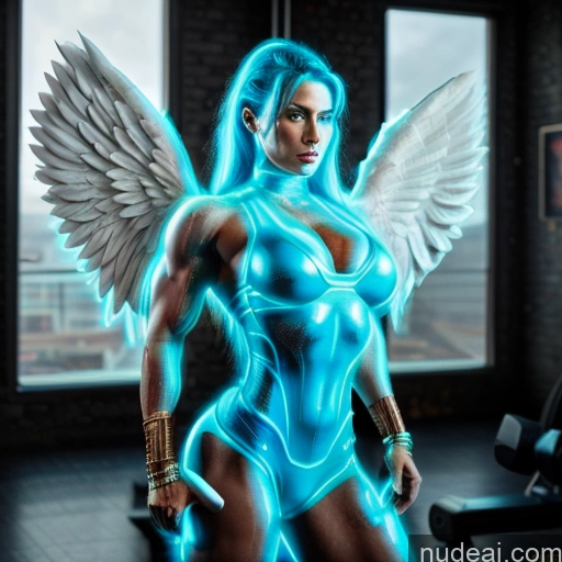 related ai porn images free for Superhero Woman Busty Muscular Abs Deep Blue Eyes Blue Hair Neon Lights Clothes: Blue Front View Has Wings Angel Battlefield Bodybuilder