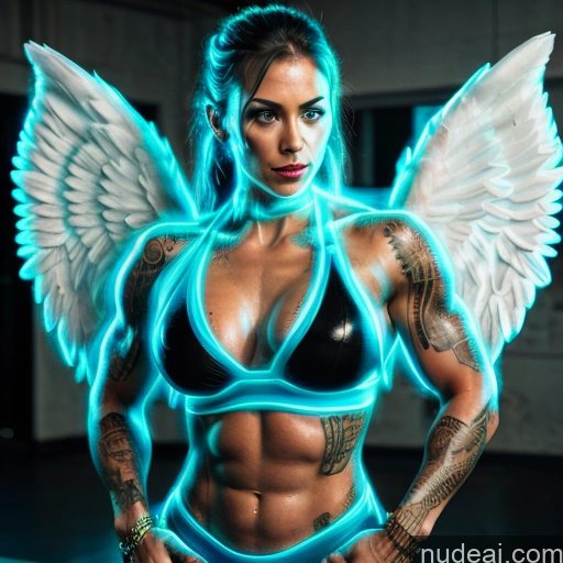 related ai porn images free for Superhero Woman Busty Muscular Abs Deep Blue Eyes Blue Hair Neon Lights Clothes: Blue Front View Has Wings Angel Battlefield Bodybuilder Science Fiction Style Tattoos