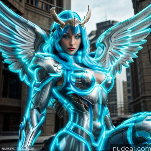 ai nude image of pics of Woman Busty Muscular Abs Neon Lights Clothes: Blue Front View Has Wings Angel Fantasy Armor Knight Viking Bodybuilder Perfect Boobs Detailed Deep Blue Eyes Blue Hair SuperMecha: A-Mecha Musume A素体机娘