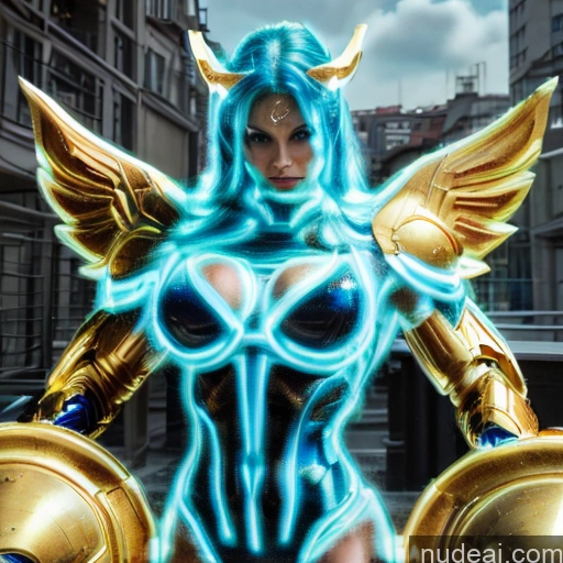 ai nude image of pics of Woman Busty Muscular Abs Front View Has Wings Angel Fantasy Armor Viking Bodybuilder Perfect Boobs Detailed Deep Blue Eyes Blue Hair Neon Lights Clothes: Blue Gold Jewelry SuperMecha: A-Mecha Musume A素体机娘 Neon Lights Clothes: Yellow