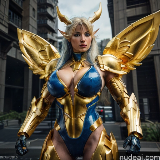 ai nude image of pics of Woman Busty Muscular Abs Front View Has Wings Angel Fantasy Armor Viking Bodybuilder Perfect Boobs Gold Jewelry Blonde SuperMecha: A-Mecha Musume A素体机娘 Deep Blue Eyes Blue Hair Battlefield Neon Lights Clothes: Yellow