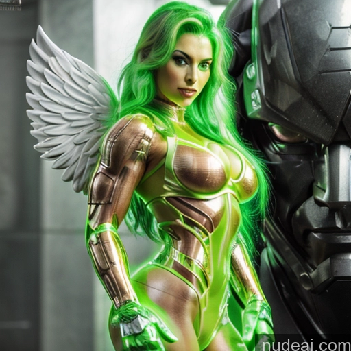 ai nude image of pics of Woman Busty Muscular Abs Front View Has Wings Angel Bodybuilder Perfect Boobs SuperMecha: A-Mecha Musume A素体机娘 Superhero Persian Green Hair Ginger Neon Lights Clothes: Red Neon Lights Clothes: Green Lipstick