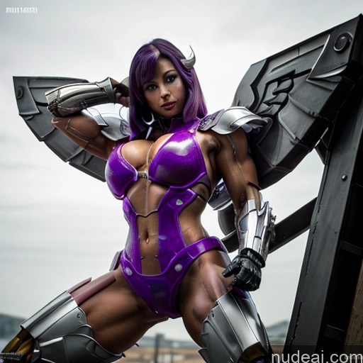 ai nude image of pics of Cyborg Woman Bobcut Asian Latina Front View Black Hair Purple Hair Mech Suit Sci-fi Armor Busty Space Suit Abs SuperMecha: A-Mecha Musume A素体机娘 Angel Has Wings Neon Lights Clothes: Purple Muscular Bodybuilder