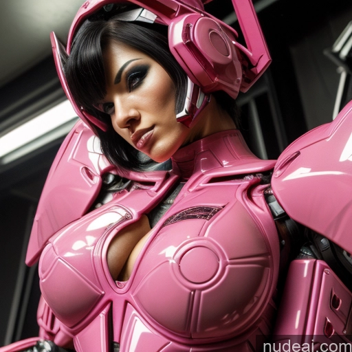 Cyborg Woman Bobcut Asian Latina Front View Black Hair Purple Hair Busty Abs Neon Lights Clothes: Purple Muscular Bodybuilder SSS: A-Mecha Musume A素体机娘 REN: A-Mecha Musume A素体机娘 SuperMecha: A-Mecha Musume A素体机娘