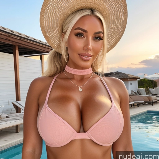 ai nude image of pics of Busty Huge Boobs Bimbo T-pose Front View Full Frontal Nude Choker 30s Blonde Ponytail Hair Bun Straight Hot Tub Bathing Happy Orgasm Seductive Beautiful Tanned Skin Sunglasses Several Two