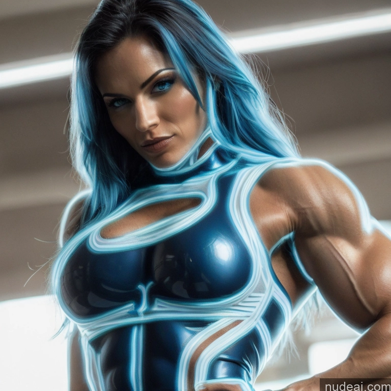 related ai porn images free for Superhero Cosplay Neon Lights Clothes: Blue Neon Lights Clothes: Purple Woman Bodybuilder Busty Abs Blue Hair Deep Blue Eyes Front View