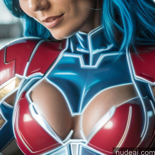 ai nude image of pics of Superhero Neon Lights Clothes: Blue Neon Lights Clothes: Purple Woman Bodybuilder Busty Abs Blue Hair Deep Blue Eyes Front View Perfect Boobs Captain Marvel Power Rangers Cosplay SuperMecha: A-Mecha Musume A素体机娘