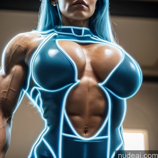 ai nude image of pics of Superhero Neon Lights Clothes: Blue Neon Lights Clothes: Purple Woman Bodybuilder Busty Abs Blue Hair Deep Blue Eyes Front View Perfect Boobs Captain Marvel Power Rangers Cosplay Muscular Super Saiyan Captain Planet