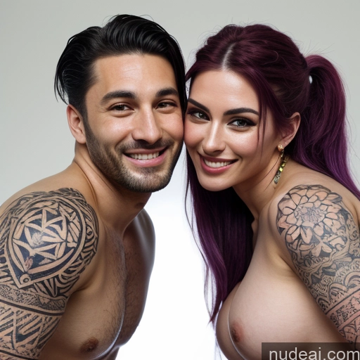 ai nude image of arafed man and woman posing for a picture with tattoos on their arms pics of Two Woman + Man Huge Boobs Perfect Boobs Tattoos 20s Happy Purple Hair Pigtails French Film Photo Bus Front View Cumshot Nude Bright Lighting