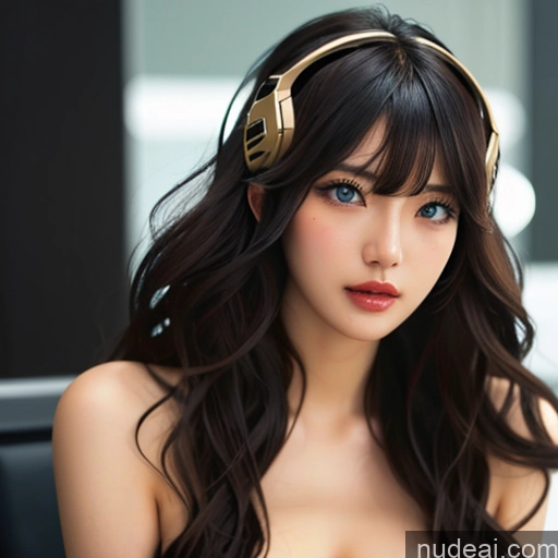 ai nude image of araffe asian woman with headphones on sitting in a chair pics of Nude Bangs Wavy Hair SSS: A-Mecha Musume A素体机娘