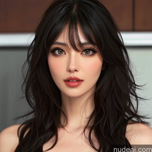 ai nude image of a close up of a woman with long black hair and a dress pics of Bangs Wavy Hair Ninja