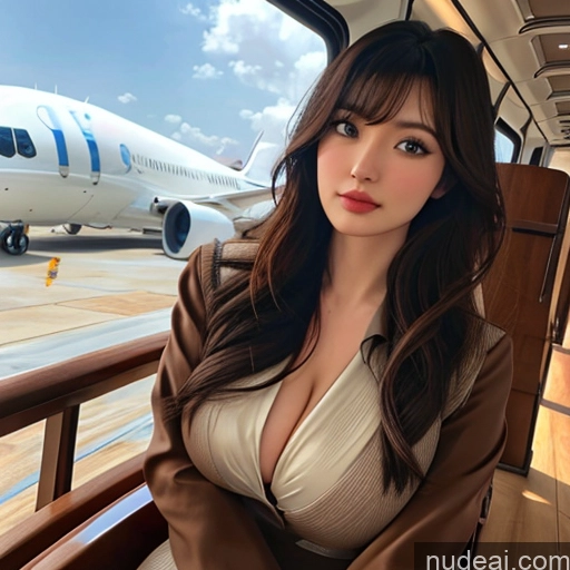 ai nude image of araffe woman in a brown jacket sitting on a bench in front of a plane pics of Bangs Wavy Hair Flight Attendant Wooden Horse Looking At Sky