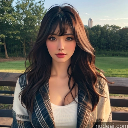 ai nude image of a woman with long hair and a plaid jacket posing for a picture pics of Bangs Wavy Hair Looking At Sky Lumberjack