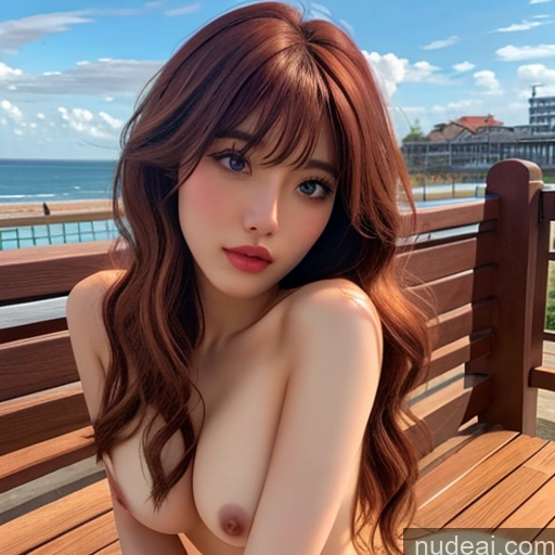 ai nude image of a close up of a woman sitting on a bench with a big breast pics of Bangs Wavy Hair Wooden Horse Rainbow Haired Girl Looking At Sky