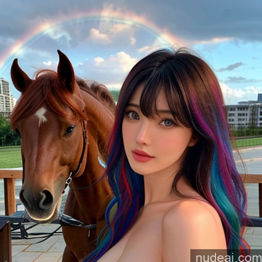 related ai porn images free for Bangs Wavy Hair Wooden Horse Rainbow Haired Girl Looking At Sky