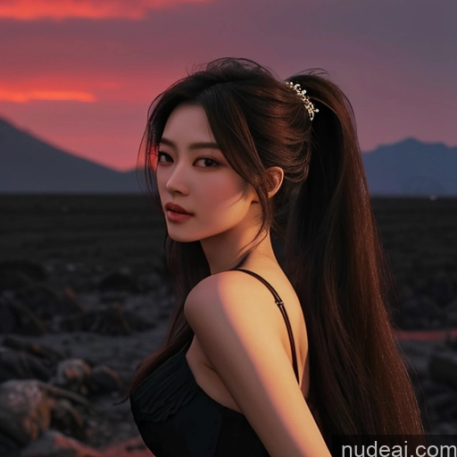 ai nude image of araffe woman with long hair and a black dress standing in a field pics of Asian Seductive 18 Perfect Boobs Beautiful Small Ass Long Hair Hell Devil Dark Fantasy Skin Detail (beta) Detailed Dark Lighting Jewelry