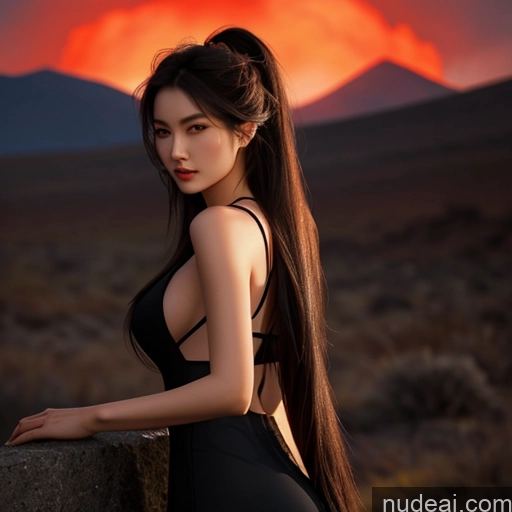 ai nude image of arafed asian woman in a black dress posing for a picture pics of Asian Seductive 18 Perfect Boobs Beautiful Small Ass Long Hair Hell Devil Dark Fantasy Skin Detail (beta) Detailed Dark Lighting Jewelry