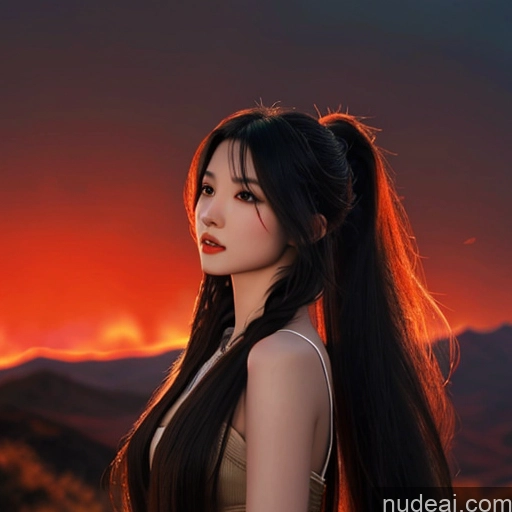 ai nude image of a close up of a woman with long hair and a sunset in the background pics of Asian Seductive Perfect Boobs Beautiful Small Ass Long Hair Hell Devil Dark Fantasy Skin Detail (beta) Detailed Dark Lighting Jewelry Woman 20s