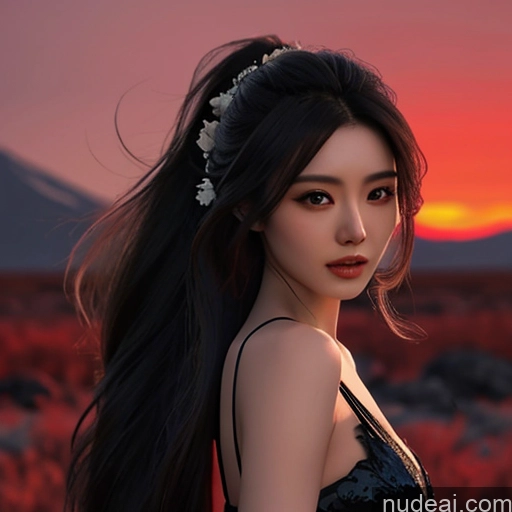 ai nude image of araffe asian woman with long black hair and a flower in her hair pics of Asian Seductive Perfect Boobs Beautiful Small Ass Long Hair Hell Devil Dark Fantasy Skin Detail (beta) Detailed Dark Lighting Jewelry Woman 20s