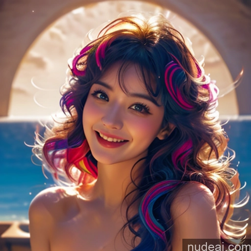 ai nude image of arafed woman with colorful hair posing for a picture by the ocean pics of Bangs Wavy Hair Happy Rainbow Haired Girl Looking At Sky Fairy