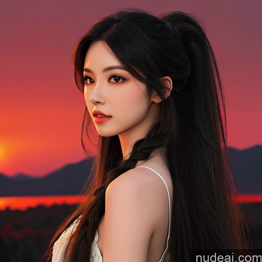 ai nude image of a close up of a woman with long hair and a sunset in the background pics of Asian Seductive Perfect Boobs Beautiful Small Ass Long Hair Hell Devil Dark Fantasy Skin Detail (beta) Detailed Dark Lighting Jewelry Woman 20s Front View Side View Back View Close-up View