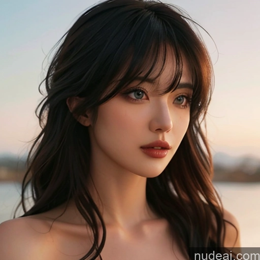 ai nude image of a close up of a woman with long hair and a dress pics of Nude Looking At Sky Bangs Time Slider Into The Future Wavy Hair