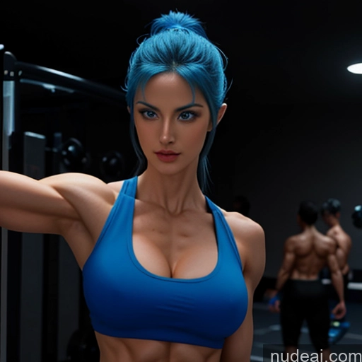 ai nude image of arafed woman with blue hair and blue eyes posing for a picture pics of Superhero Cosplay Woman Busty Muscular Abs Blue Hair Deep Blue Eyes Front View Several