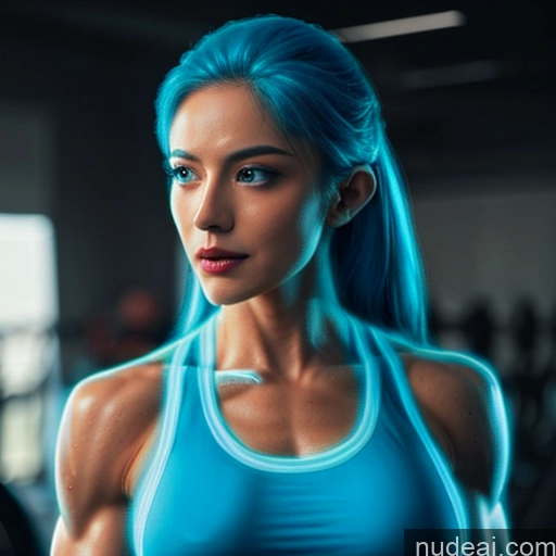 ai nude image of a woman with blue hair and a blue top in a gym pics of Superhero Woman Busty Muscular Abs Blue Hair Deep Blue Eyes Front View Bodybuilder Perfect Boobs Skin Detail (beta) Captain Marvel Neon Lights Clothes: Blue Cosplay