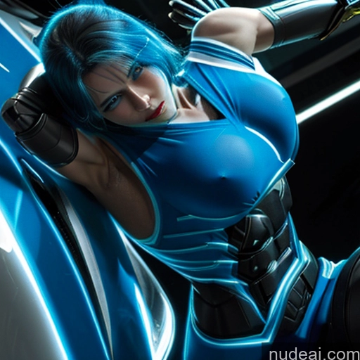 ai nude image of arafed woman in blue outfit posing on a motorcycle pics of Superhero Captain Marvel Cosplay Woman Busty Perfect Boobs Muscular Abs Bodybuilder Blue Hair Deep Blue Eyes Neon Lights Clothes: Blue SuperMecha: A-Mecha Musume A素体机娘 Battlefield Science Fiction Style Front View