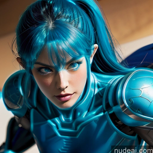 ai nude image of arafed woman in blue costume holding a blue and silver object pics of Superhero Captain Marvel Cosplay Woman Busty Perfect Boobs Muscular Abs Bodybuilder Blue Hair Deep Blue Eyes Neon Lights Clothes: Blue Front View SuperMecha: A-Mecha Musume A素体机娘