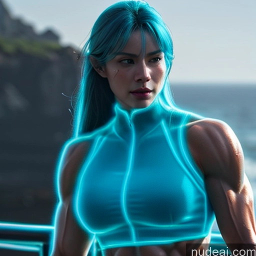 ai nude image of a woman with blue hair and a blue top posing for a picture pics of Superhero Captain Marvel Cosplay Woman Busty Perfect Boobs Muscular Abs Bodybuilder Blue Hair Deep Blue Eyes Neon Lights Clothes: Blue Front View Cyborg