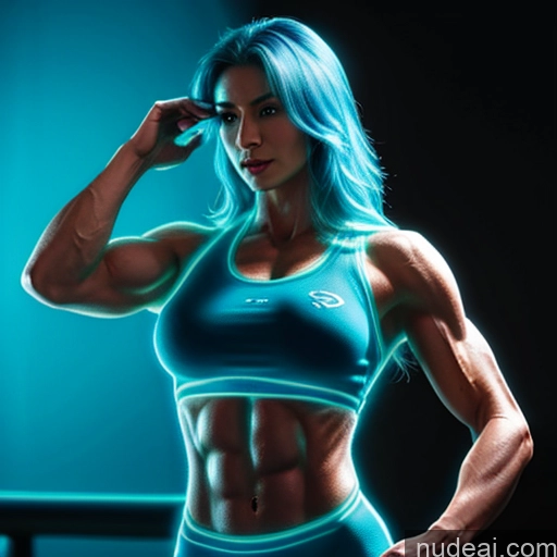 ai nude image of arafed woman in a blue sports bra top posing for a picture pics of Superhero Captain Marvel Cosplay Woman Busty Perfect Boobs Muscular Abs Bodybuilder Blue Hair Deep Blue Eyes Neon Lights Clothes: Blue Front View Cyborg Battlefield